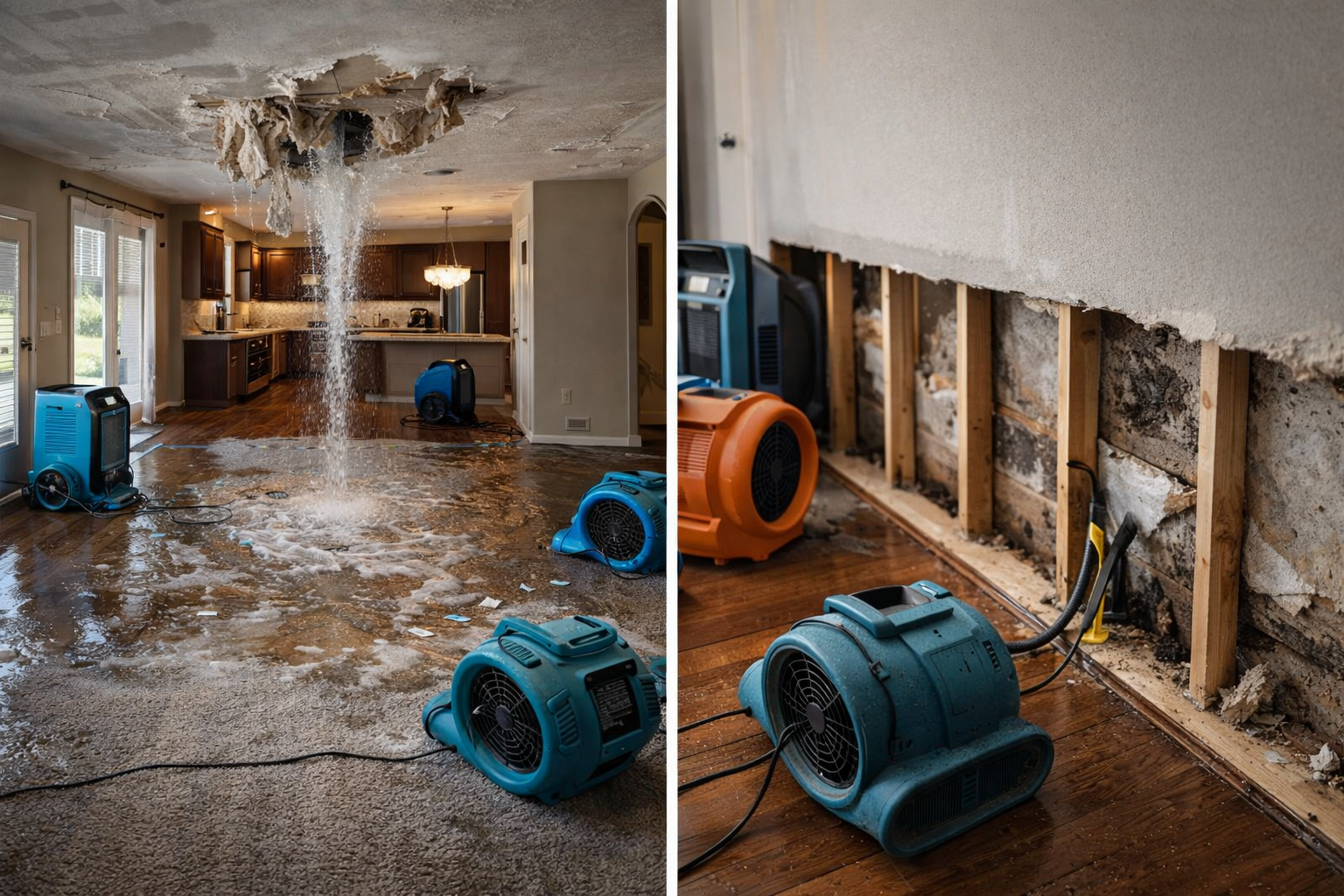 Texas residential water damage and mitigation scene